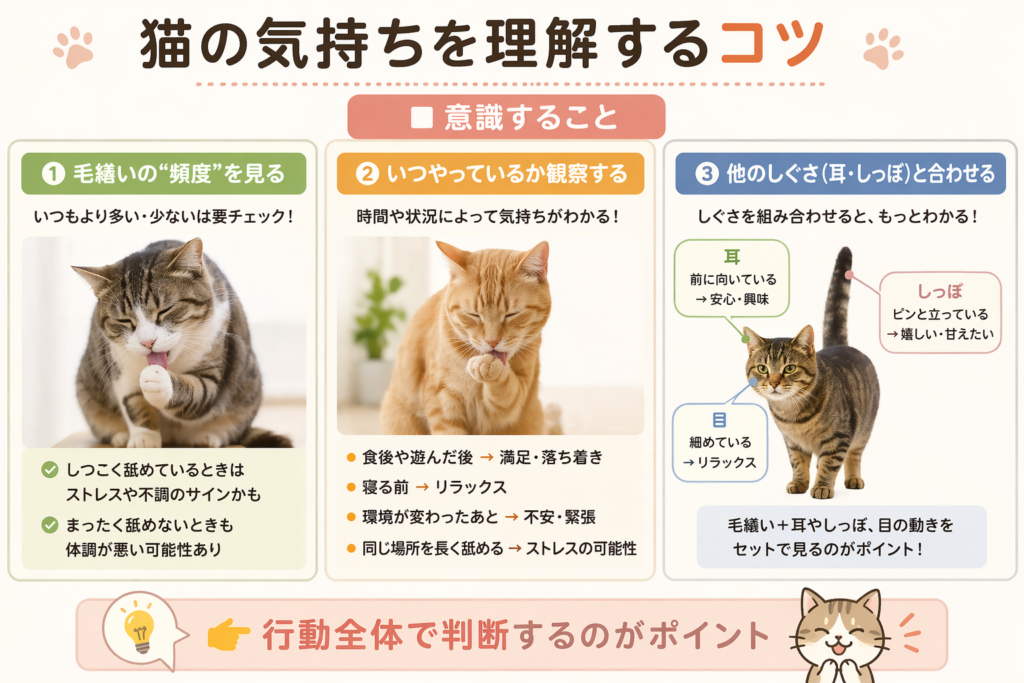 やさしい色合いのインフォグラフィックで、「猫の気持ちを理解するコツ」と題されたポスター。中央に「意識すること」という見出しがあり、3つのポイントに分かれている。①毛繕いの頻度を見る（毛繕いする猫の写真付きで、回数の多い・少ない変化に注目する説明）、②いつやっているか観察する（食後や寝る前などタイミングごとの意味を解説）、③他のしぐさと合わせる（耳・目・しっぽの状態と一緒に判断する図解）。下部に「行動全体で判断するのがポイント」と強調されたまとめが配置されている。
