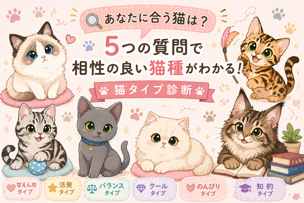 甘えん坊・活発・バランス・クール・のんびり・知的タイプの猫をイメージしたかわいいイラストが並ぶ猫診断のアイキャッチ画像。5つの質問で自分に合う猫種がわかる内容を表している。
