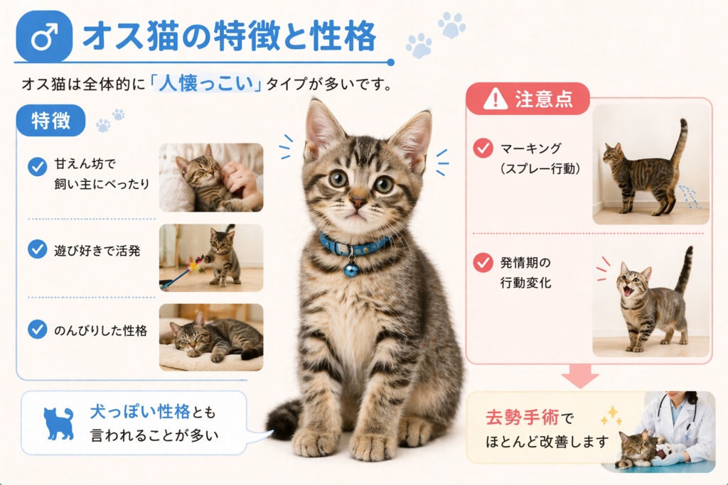 オス猫の性格や特徴（甘えん坊・遊び好き）とマーキング行動の注意点をまとめた画像