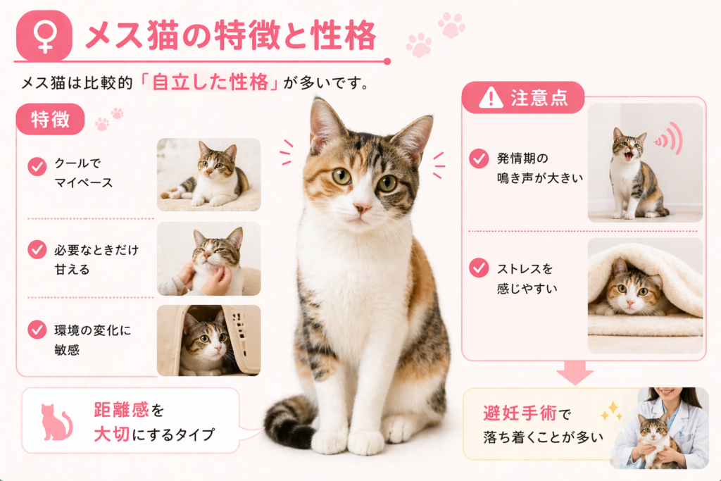 メス猫の性格や特徴（自立心・マイペース）と発情期の鳴き声やストレスの注意点をまとめた画像