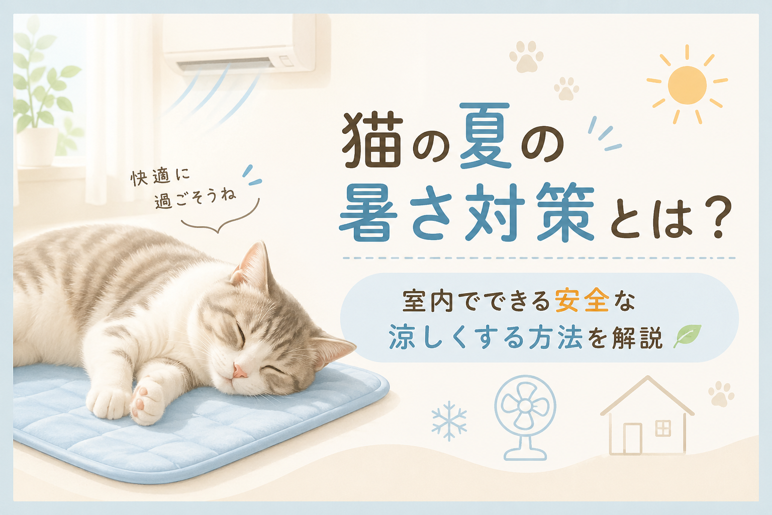 夏の室内でひんやりマットの上で眠る猫と、エアコンの風で涼しく過ごす様子を表したイラスト。猫の暑さ対策を解説するアイキャッチ画像。