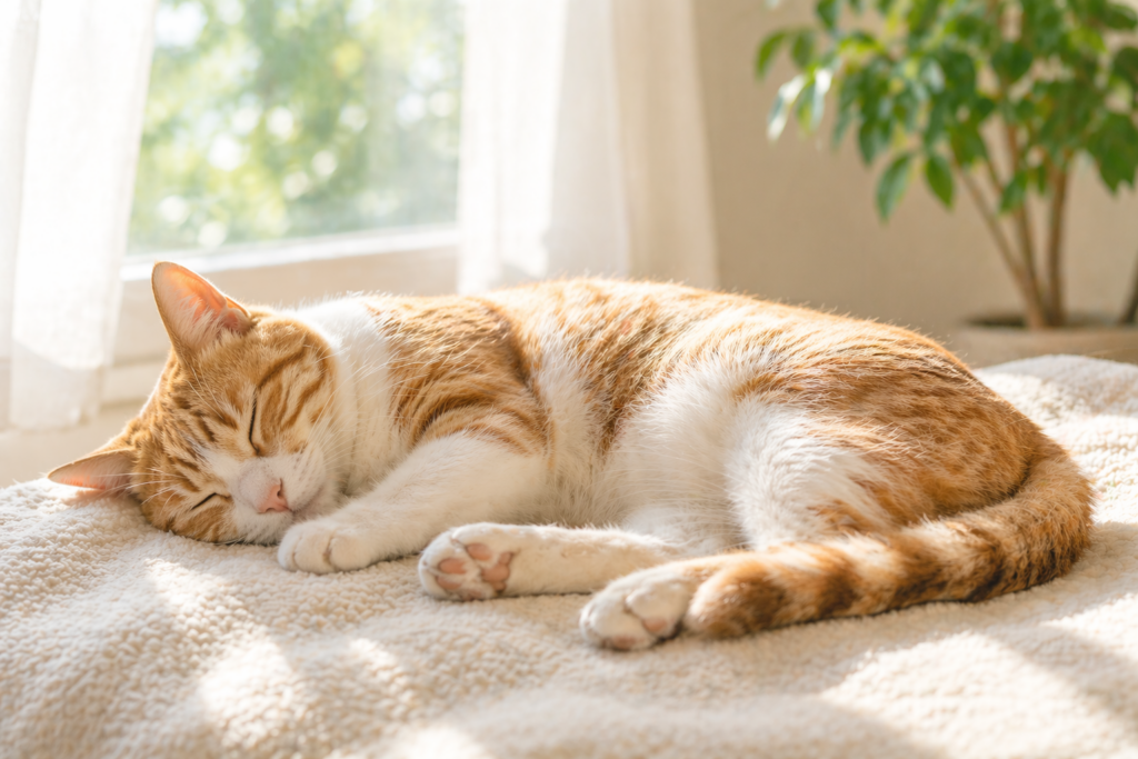 日なたで気持ちよさそうに眠る猫の様子。猫の睡眠時間や理由を解説する記事の挿入画像
