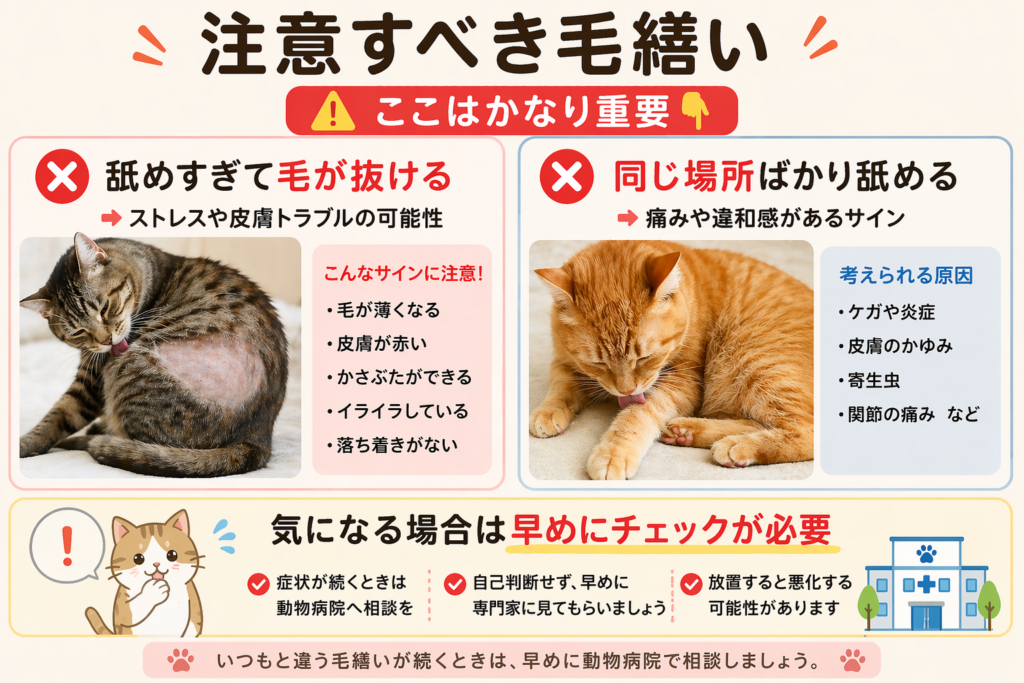 やさしい色合いのインフォグラフィックで、「注意すべき毛繕い」と大きく書かれたポスター。中央に「ここはかなり重要」と強調された注意表示があり、2つのNG例が並ぶ。左は「舐めすぎて毛が抜ける」で、毛が薄くなった猫の写真とともにストレスや皮膚トラブルの可能性が説明されている。右は「同じ場所ばかり舐める」で、特定の部位を舐め続ける猫の写真とともに痛みや違和感のサインと解説されている。下部には「気になる場合は早めにチェックが必要」と強調され、動物病院の受診を促す注意書きが添えられている。