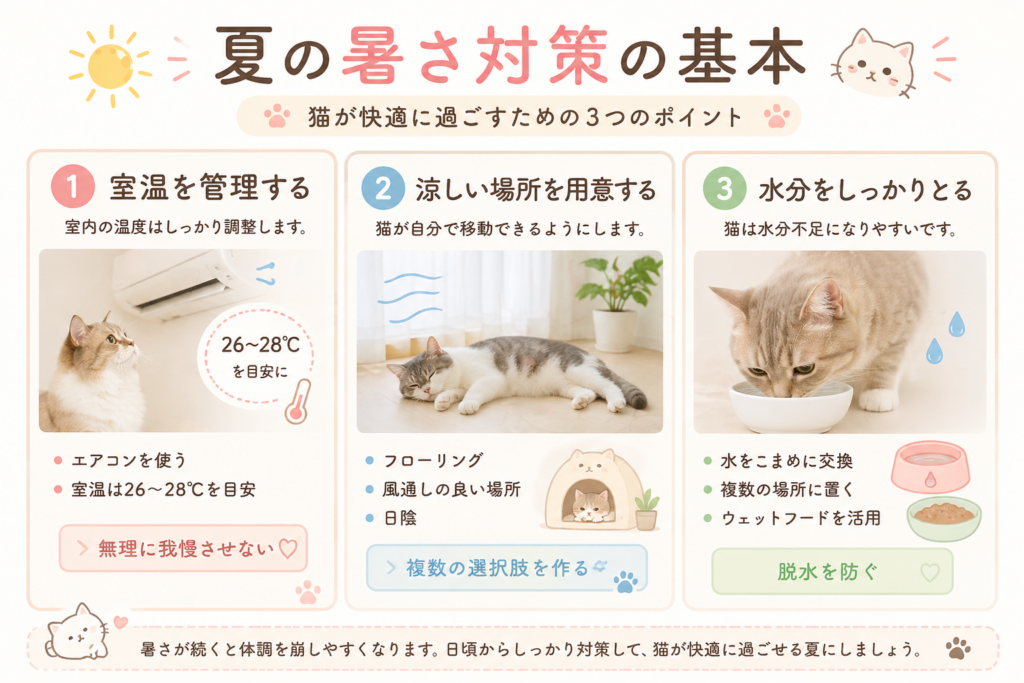 猫が夏を快適に過ごすための暑さ対策（室温調整・涼しい場所・水分補給）を紹介したイラスト