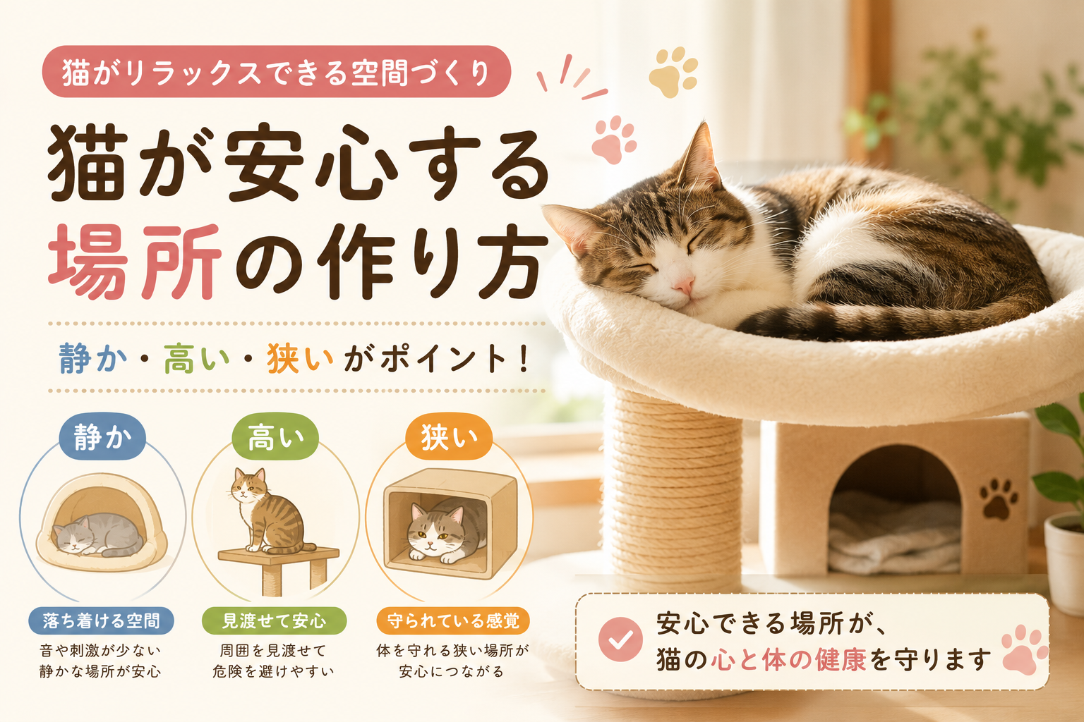 猫が安心する場所の作り方を紹介したイラスト。静か・高い・狭い場所の特徴や、猫がリラックスできる環境づくりのポイントをわかりやすく解説。