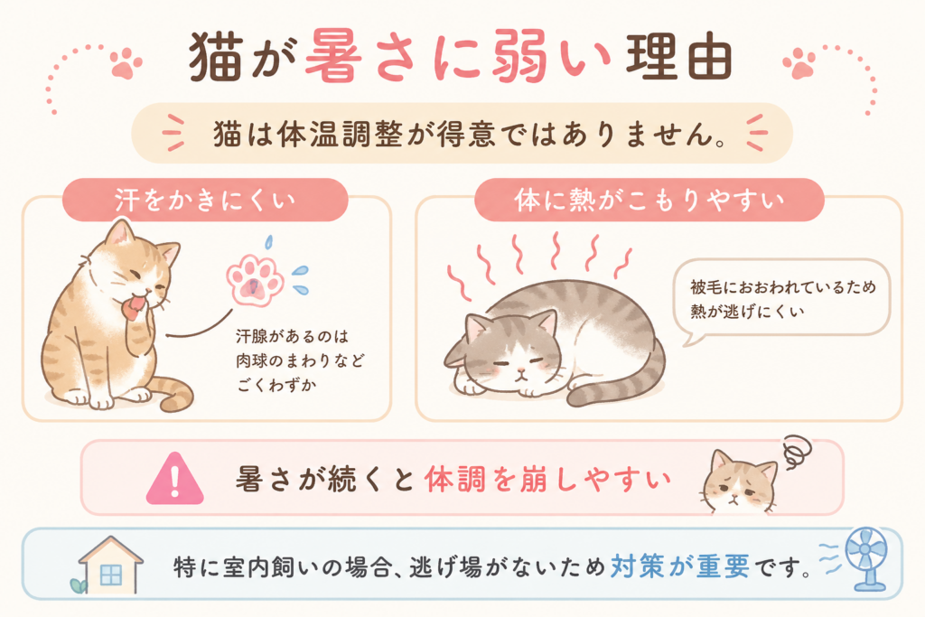 猫が暑さに弱い理由と体温調整の特徴を説明したイラスト