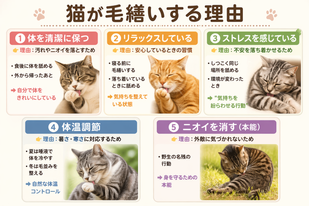 落ち着いた色合いのインフォグラフィックで、5つの枠に分かれて猫が毛繕いする理由を紹介している。①体を清潔に保つ（食後や帰宅後に体を舐める様子の猫の写真）、②リラックスしている（目を細めて毛繕いする猫）、③ストレスを感じている（同じ場所をしつこく舐める猫）、④体温調節（前足を舐めている猫）、⑤ニオイを消す本能（屋外で体を舐める猫）。それぞれに理由や具体例、短い説明が日本語で添えられている。