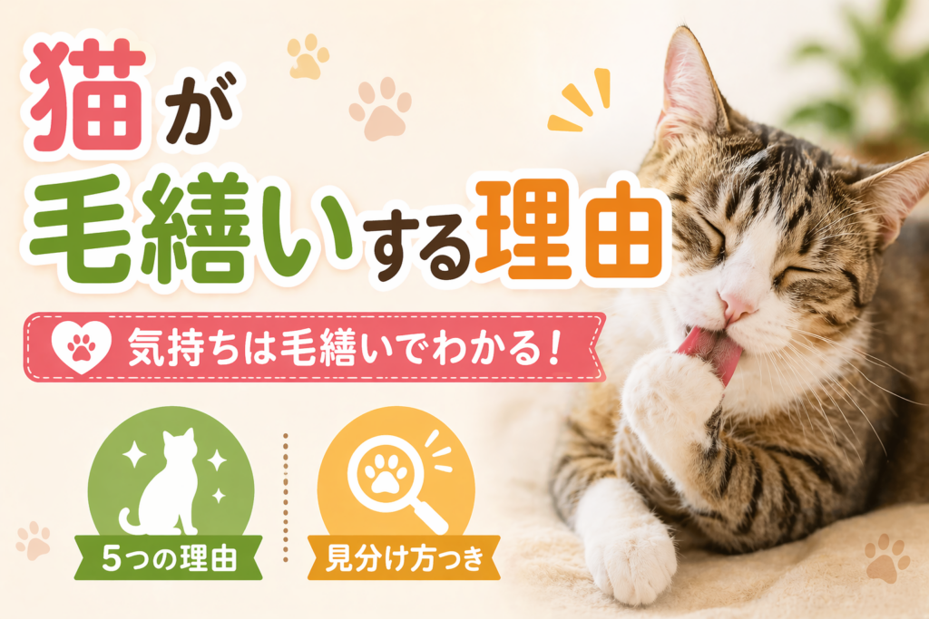 明るいパステル調のアイキャッチ画像で、右側に前足を舐めて毛繕いしている猫の写真が大きく配置されている。左側には大きな文字で「猫が毛繕いする理由」と書かれ、その下に「気持ちは毛繕いでわかる！」と強調されている。さらに下部に「5つの理由」「見分け方つき」とシンプルな補足アイコンが並び、全体的にやさしく分かりやすいデザインになっている。