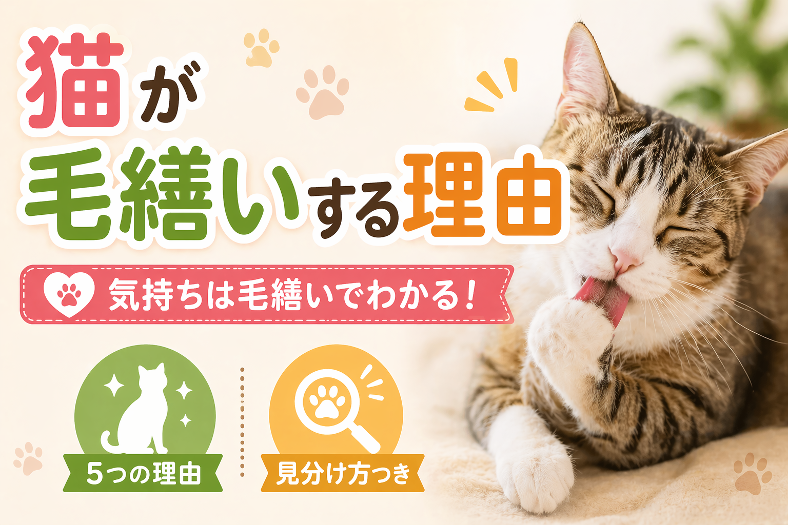 明るいパステル調のアイキャッチ画像で、右側に前足を舐めて毛繕いしている猫の写真が大きく配置されている。左側には大きな文字で「猫が毛繕いする理由」と書かれ、その下に「気持ちは毛繕いでわかる！」と強調されている。さらに下部に「5つの理由」「見分け方つき」とシンプルな補足アイコンが並び、全体的にやさしく分かりやすいデザインになっている。