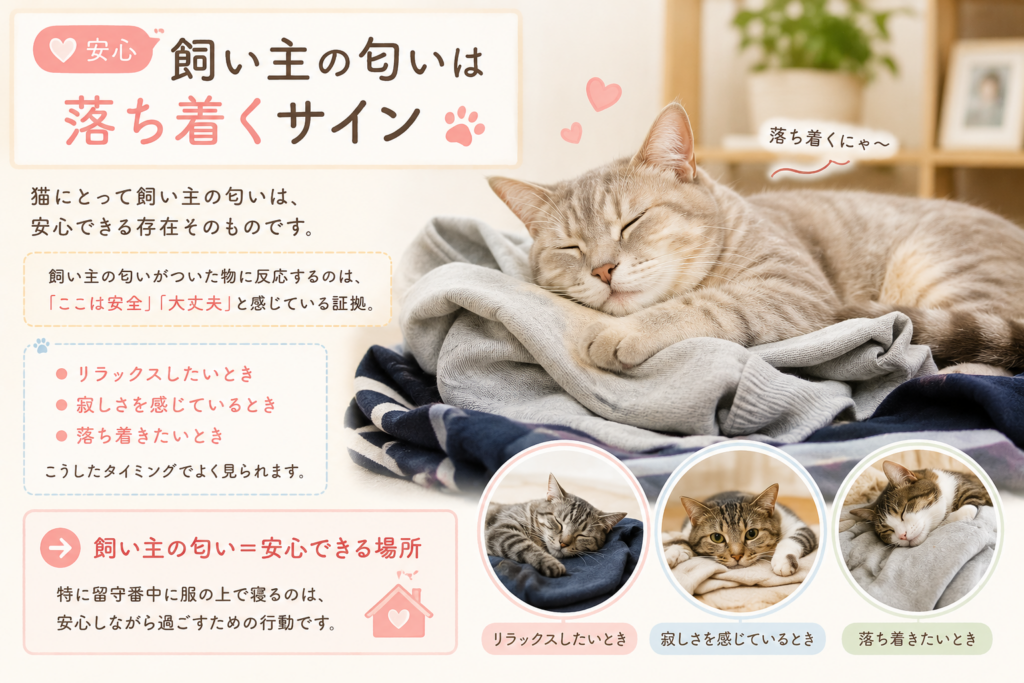 猫が飼い主の匂いで安心する理由を解説したイラスト｜服の上で寝る心理やリラックス行動を紹介