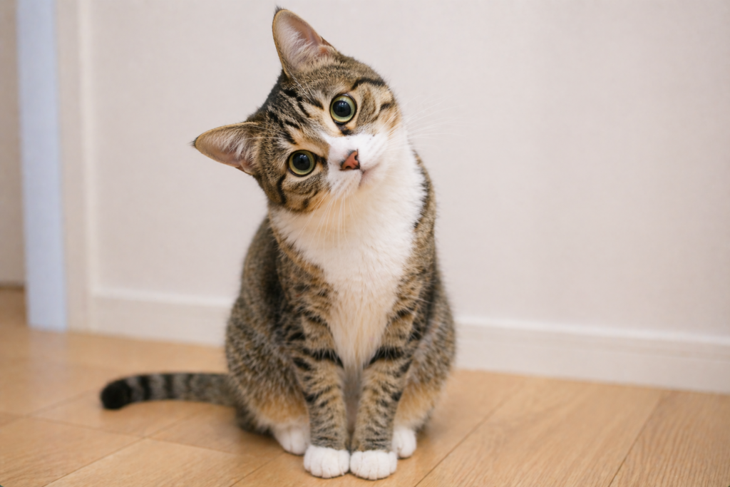 猫が首をかしげるしぐさ（気持ちや興味を示す行動）を表した画像