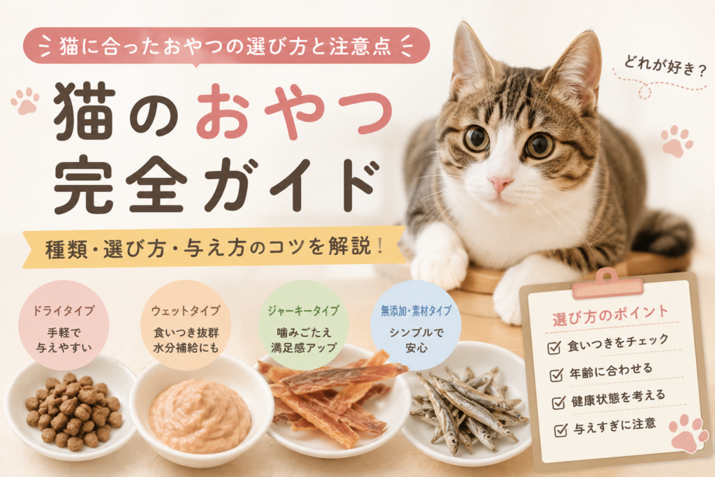 猫のおやつの種類や選び方を紹介したアイキャッチ画像。ドライ・ウェット・ジャーキー・無添加タイプの特徴や、おやつを選ぶポイントをかわいいイラストでわかりやすくまとめている。