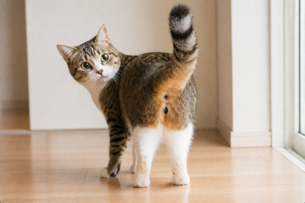 猫のしっぽの動き（立てて振り返るしぐさ）から気持ちを表した画像