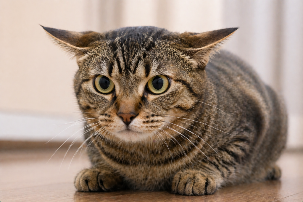 猫のイカ耳のしぐさ（警戒や不安を示す気持ち）を表した画像