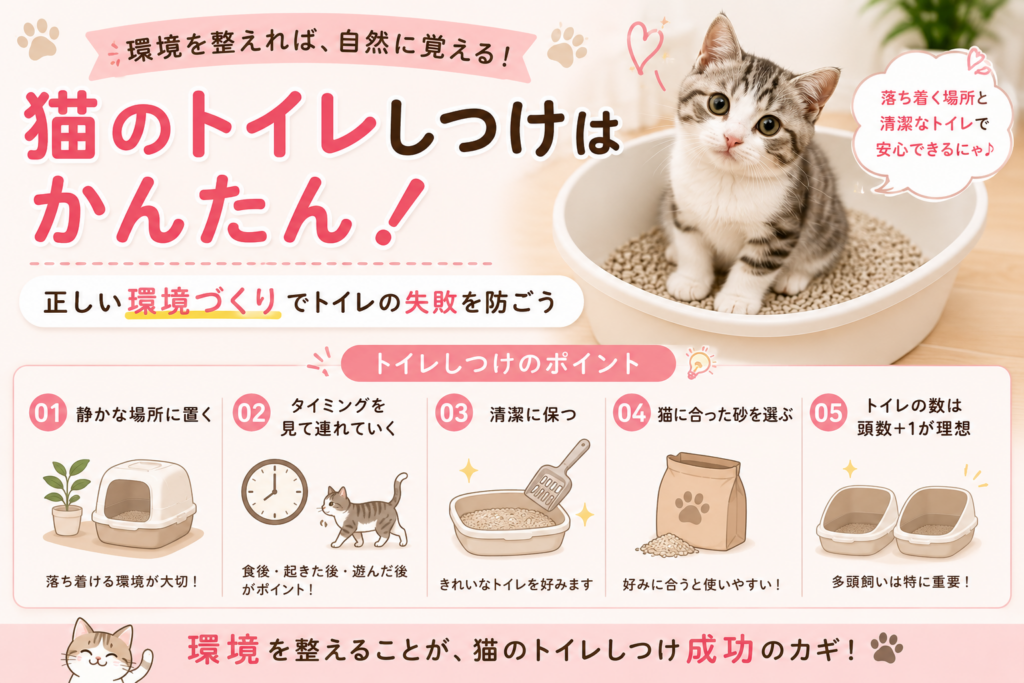猫のトイレしつけの方法を紹介するイラスト。静かな場所にトイレを置く、タイミングを見て連れていく、清潔に保つ、猫に合った猫砂を選ぶなど、失敗しないトイレしつけのポイントを解説。