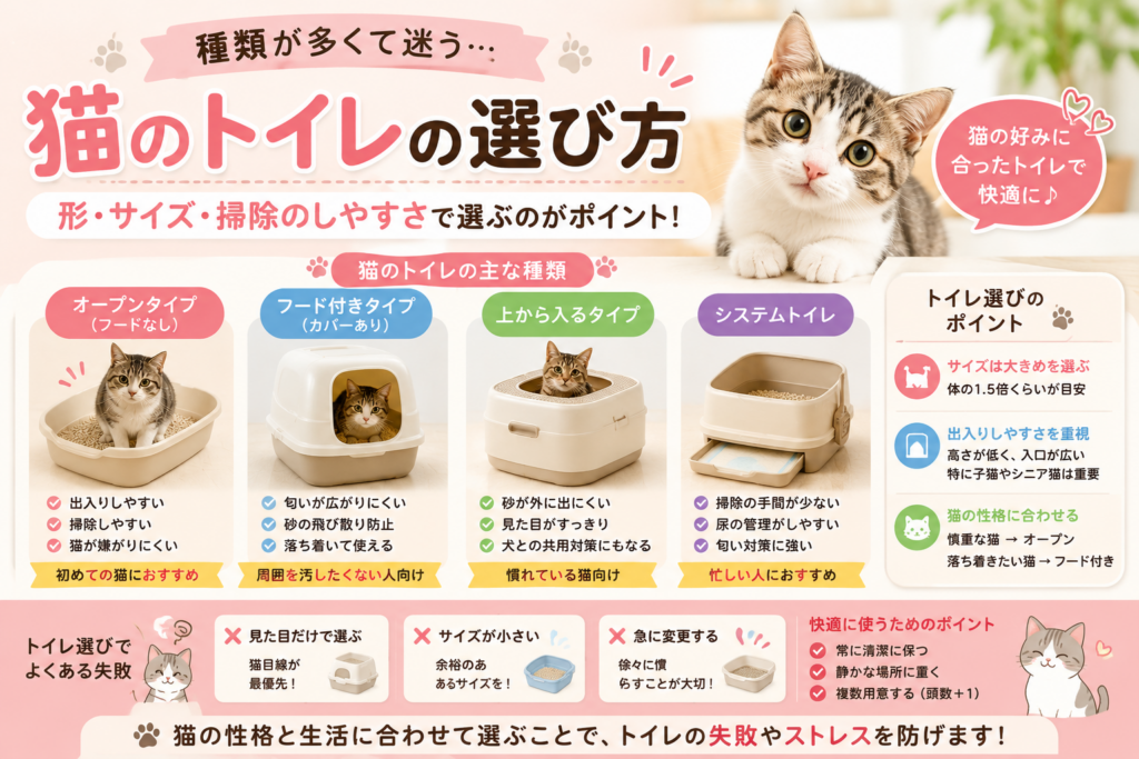 猫のトイレの選び方を紹介するイラスト。オープンタイプ、フード付き、上から入るタイプ、システムトイレの特徴や、サイズ・掃除のしやすさなど選び方のポイントを解説。