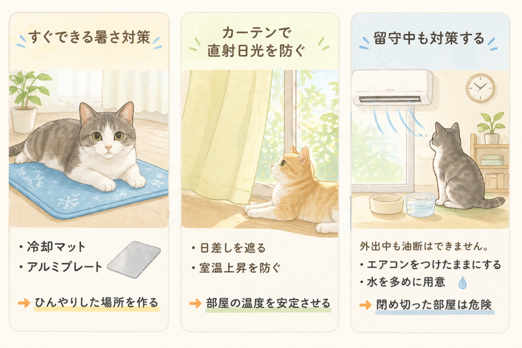 猫の夏の暑さ対策（冷感グッズ・日差し対策・留守中のエアコン管理）を示したイラスト