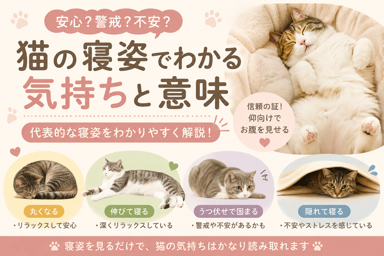 猫の寝姿ごとの意味をイラストで紹介したアイキャッチ画像。仰向け・丸まる・伸びる・うつ伏せ・隠れて寝る姿から、安心・リラックス・警戒・不安などの気持ちをわかりやすく解説している。
