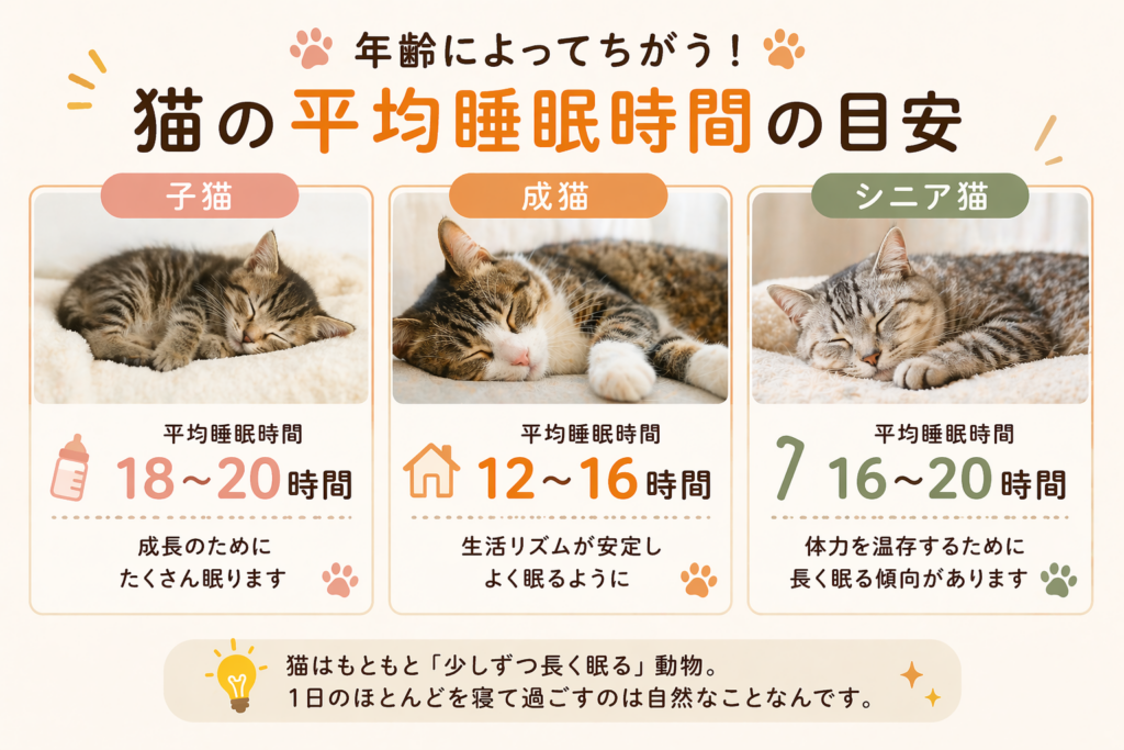 猫の平均睡眠時間の目安を年齢別に解説した図。子猫・成猫・シニア猫の睡眠時間の違いをまとめた挿入画像