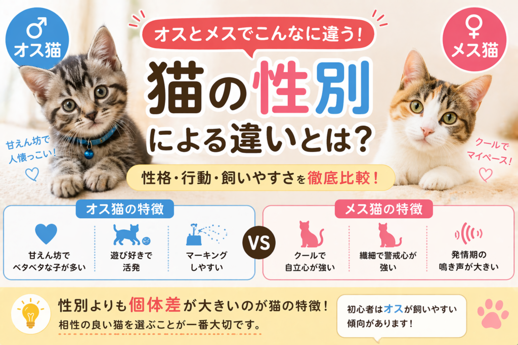 猫の性別の違い（オスとメスの性格や特徴）を比較したイラスト