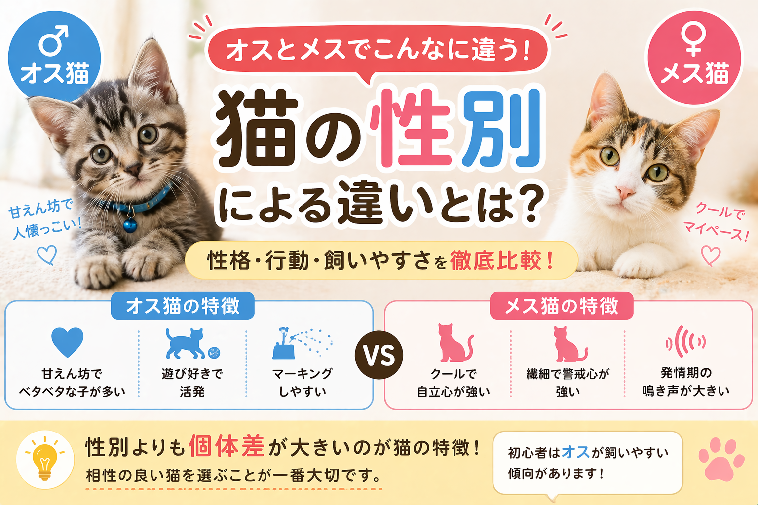 猫の性別の違い（オスとメスの性格や特徴）を比較したイラスト