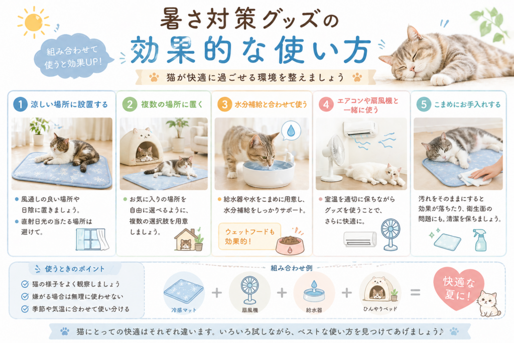 猫の暑さ対策グッズの効果的な使い方をまとめた図解