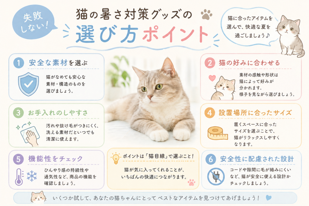 猫の暑さ対策グッズの選び方ポイントをまとめた図解