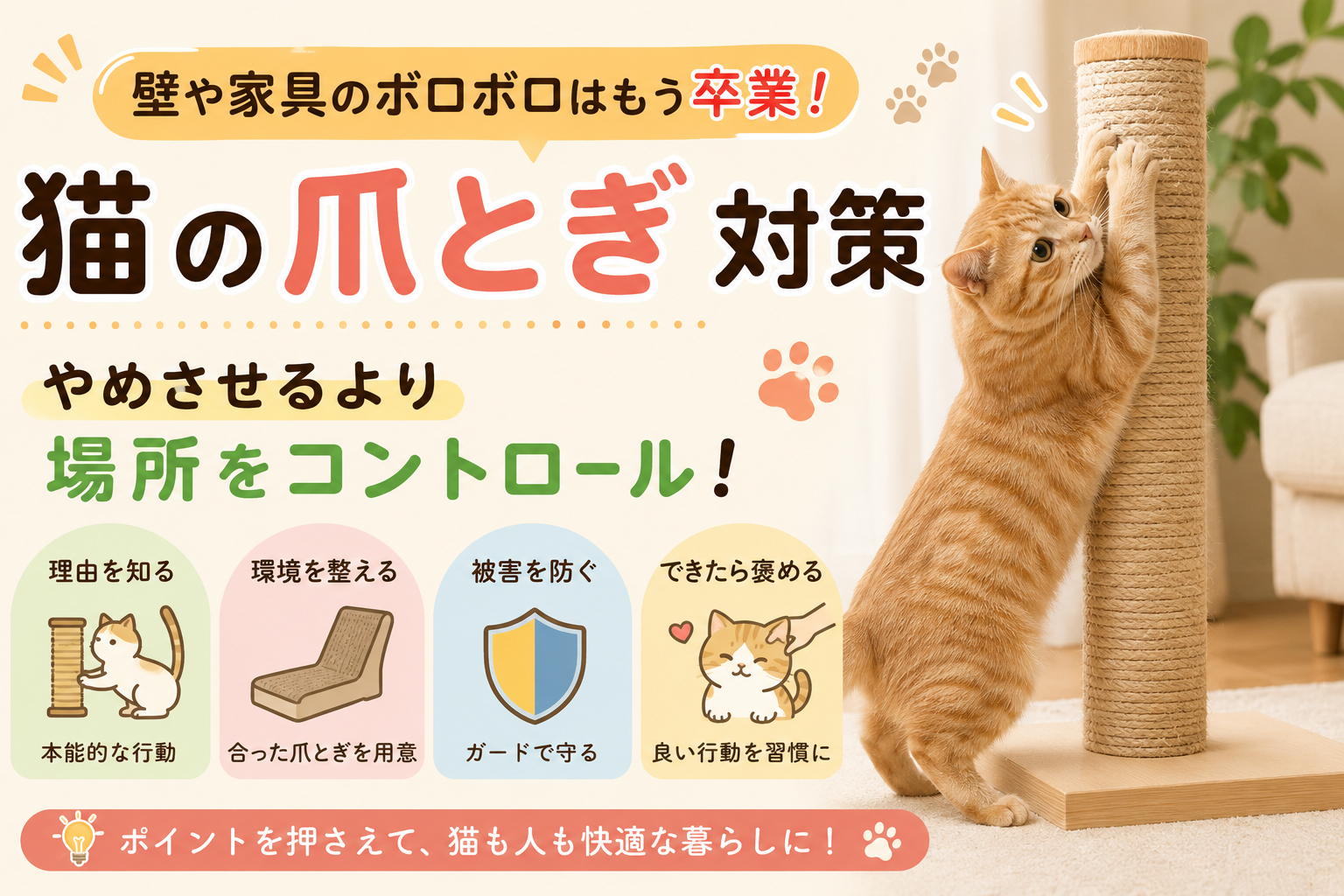 猫の爪とぎ対策を紹介したイラスト。爪とぎをする理由や正しい爪とぎ器の選び方、壁や家具を守る方法、しつけのポイントをわかりやすく解説。