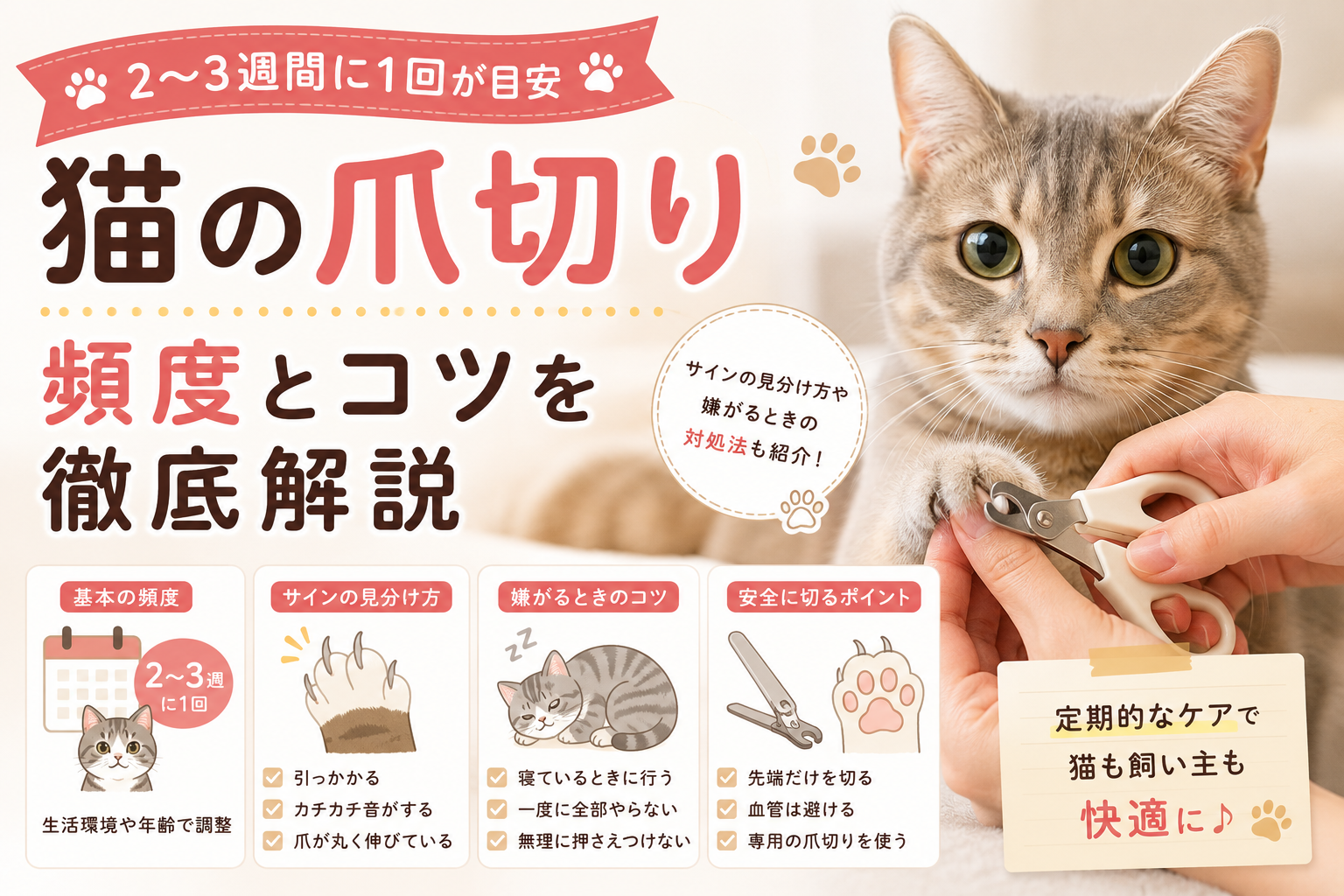 猫の爪切りの頻度とコツを紹介するイラスト。2〜3週間に1回を目安に、爪切りが必要なサインや嫌がるときの対処法、安全な爪切りのポイントをわかりやすく解説。