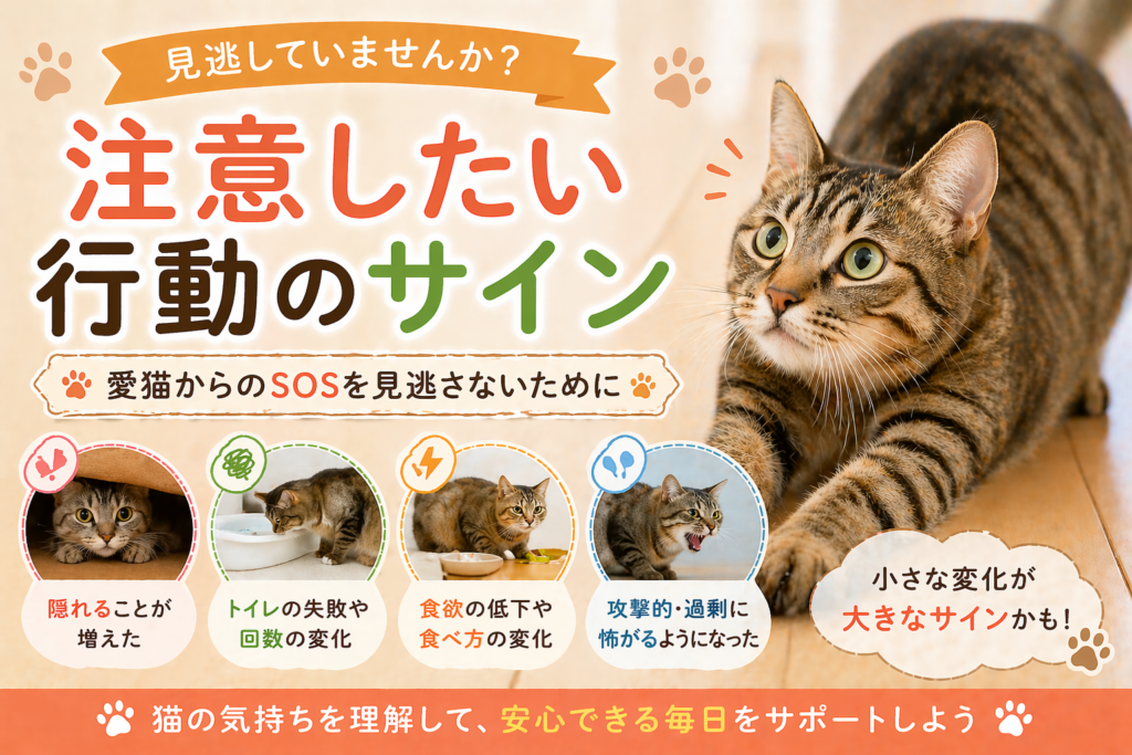 猫の異変やストレスによる行動の変化を解説したイメージ