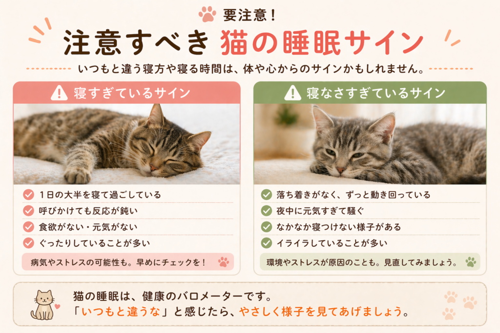 猫の睡眠で注意すべきサインを解説した図。寝すぎ・寝なさすぎなど異常な睡眠の特徴をまとめた挿入画像