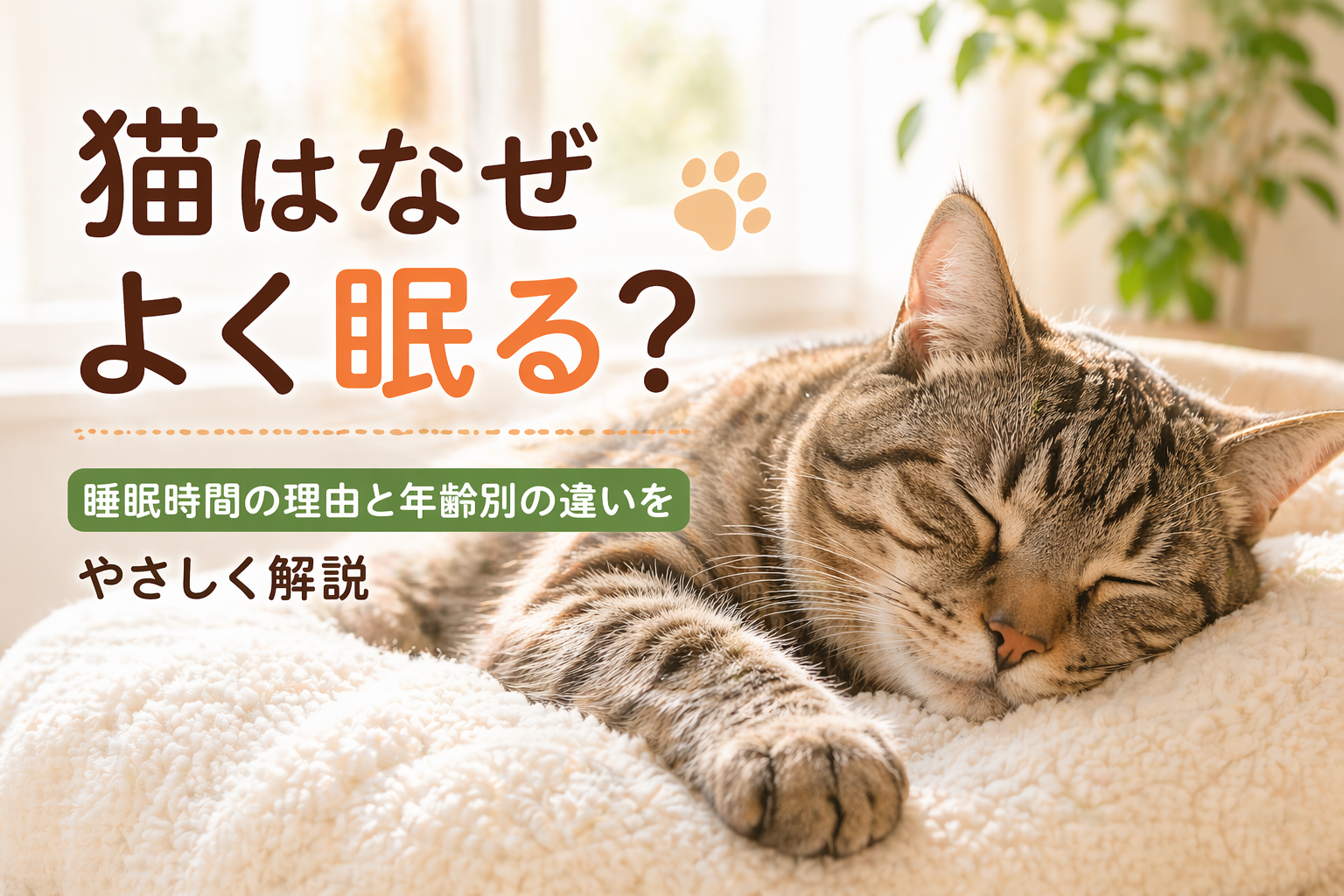 猫の睡眠時間や理由を解説する記事のアイキャッチ画像。明るい室内で気持ちよさそうに眠る猫の様子