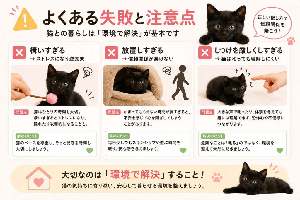 猫の飼い方初心者がやりがちな失敗と正しい対処法を解説した画像