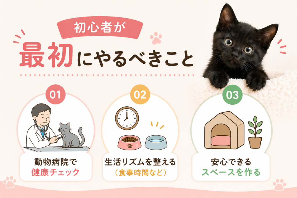 猫の飼い方初心者向けに最初にやるべきこと（動物病院・生活リズム・環境づくり）を解説した画像