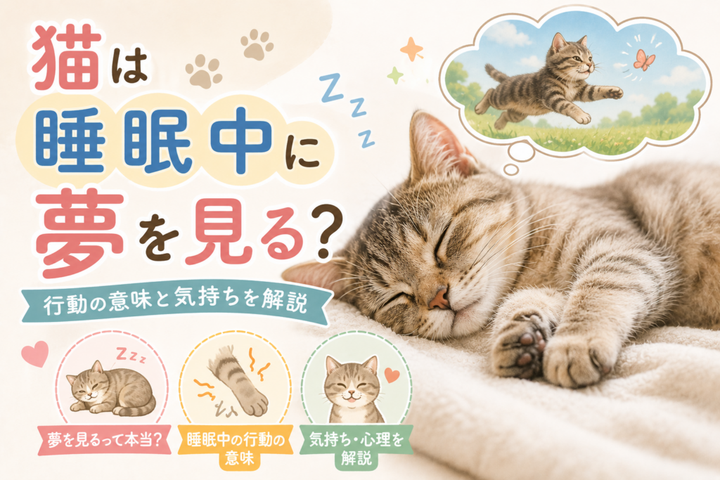 猫は睡眠中に夢を見るのかを解説したアイキャッチ画像｜寝ながら動く理由や心理を紹介