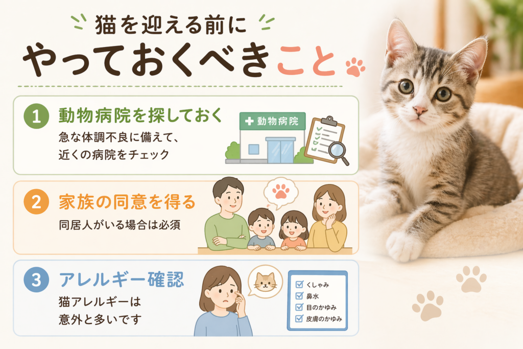 猫を迎える前にやるべき準備｜動物病院探し・家族の同意・アレルギー確認を解説した画像
