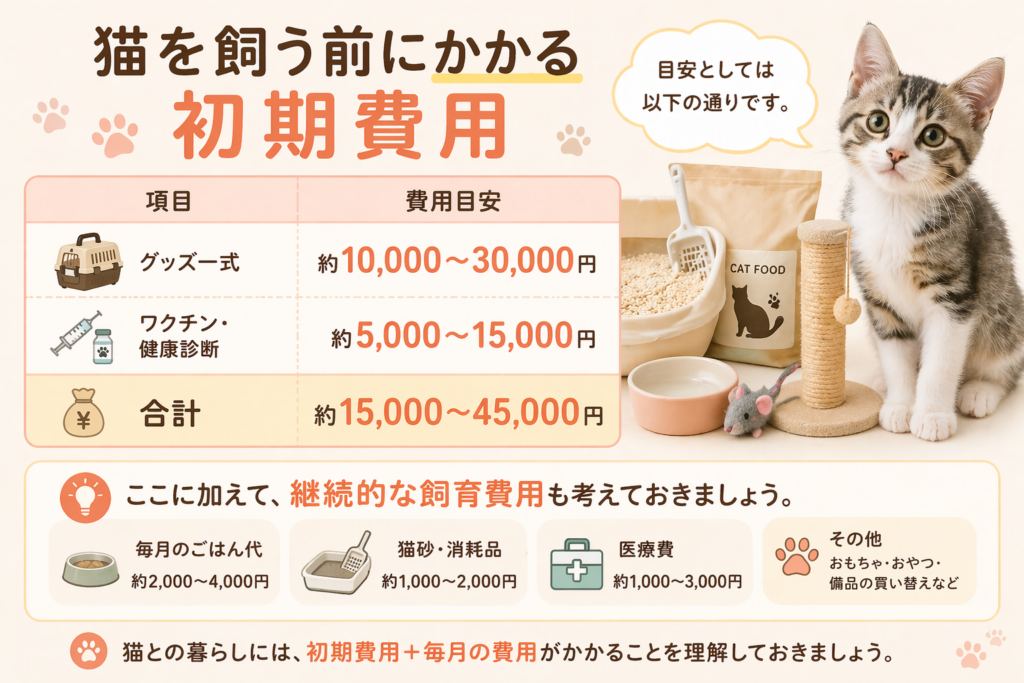 猫を飼う前の初期費用｜グッズ・健康診断の費用目安と合計金額を解説した画像