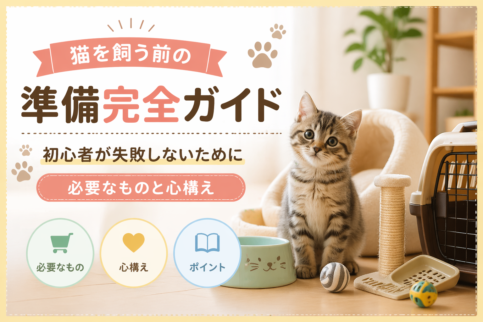 猫を飼う前の準備完全ガイド｜必要なものと心構えを解説した初心者向けアイキャッチ画像