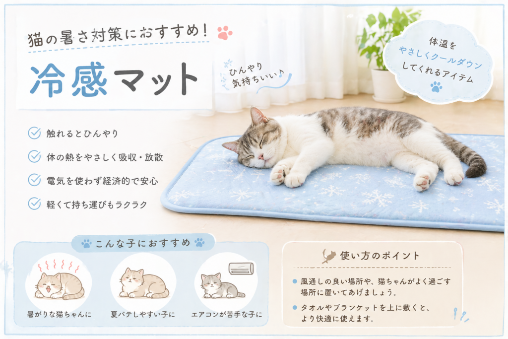 猫用冷感マットの効果や使い方を紹介したイラスト