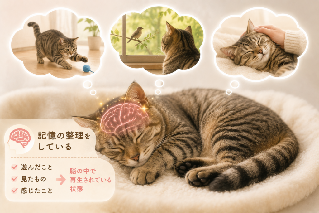 猫が夢を見る理由を解説したイラスト｜睡眠中に記憶を整理する仕組みを紹介