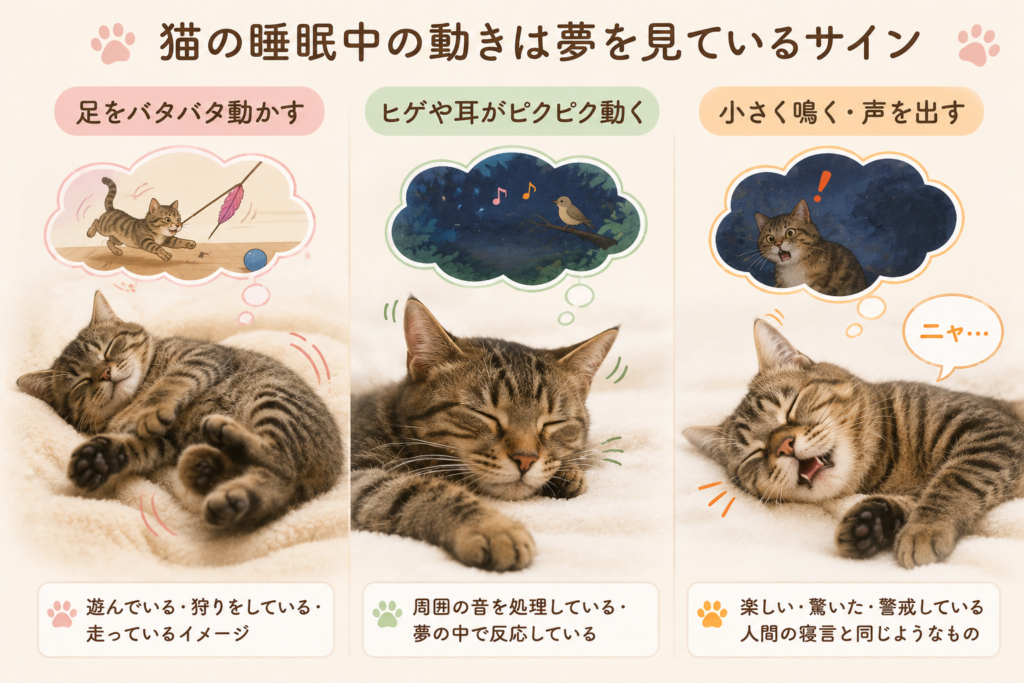 猫が睡眠中に夢を見ているサインを解説したイラスト｜足を動かす・寝言を言う理由を紹介