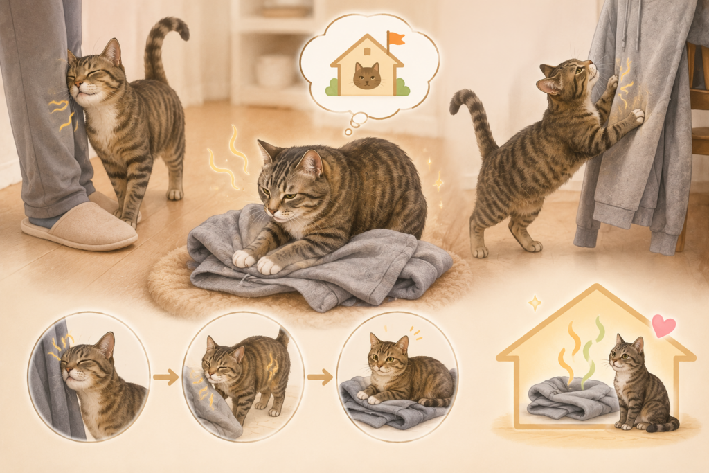 猫が飼い主の匂いに反応してマーキングする理由を解説したイラスト