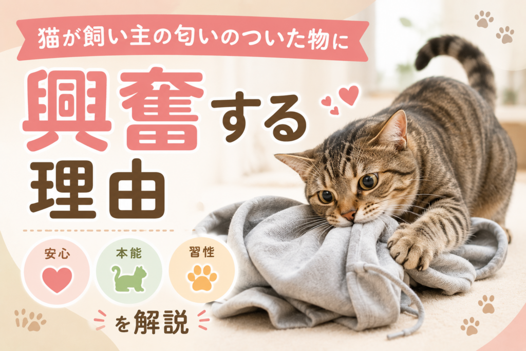 猫が飼い主の匂いに興奮する理由を解説したアイキャッチ画像｜安心感やマーキング本能、習性を紹介