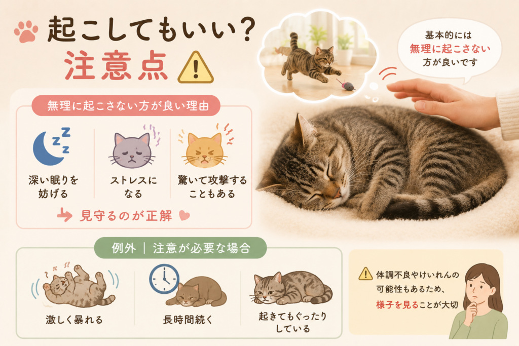 睡眠中に動く猫を起こしてもいいのかを解説したイラスト｜注意点や体調不良との違いを紹介