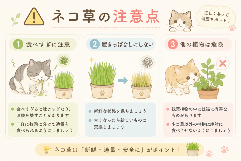 ネコ草を与える際の注意点を解説したイラスト。食べすぎによる吐きすぎや消化不良、新鮮なネコ草への交換、猫に有害な観葉植物を避けるポイントを紹介。