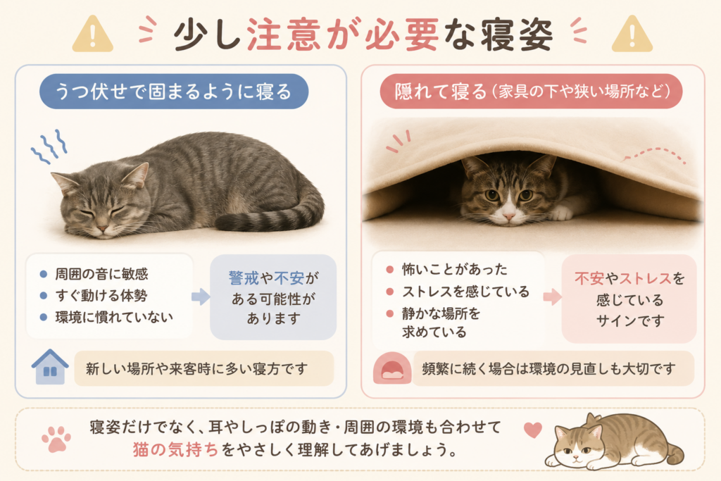 少し注意が必要な猫の寝姿を紹介したイラスト。うつ伏せで固まる寝方や家具の下などに隠れて寝る様子を例に、警戒や不安、ストレスのサインと考えられる寝姿をわかりやすく解説している。