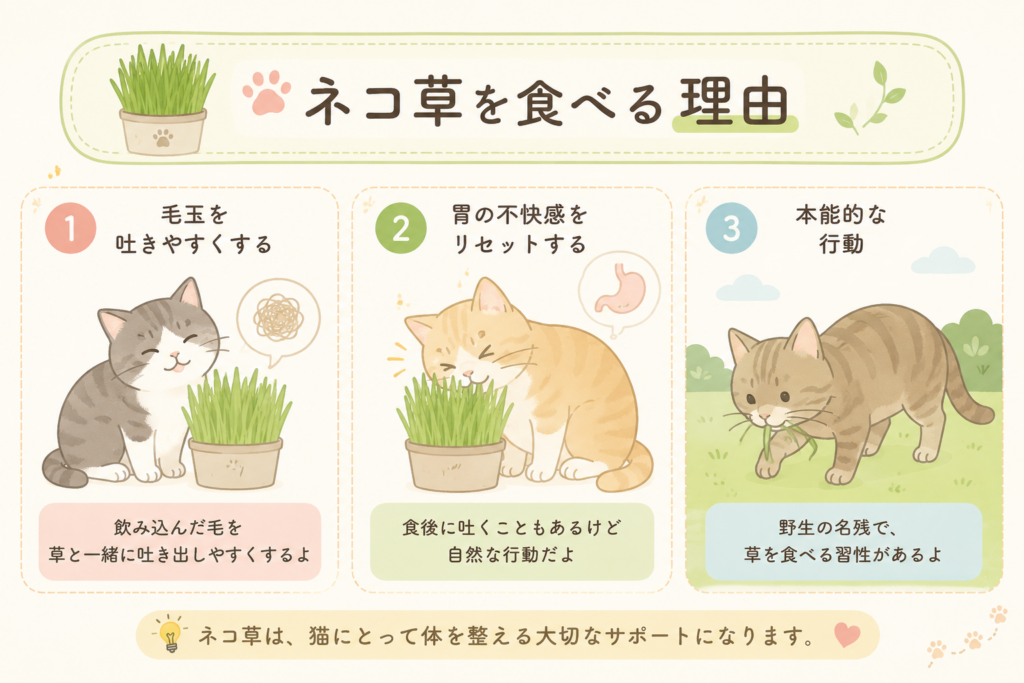 猫がネコ草を食べる理由をイラストで解説した画像。毛玉対策や胃の不快感の軽減、本能的な行動などネコ草の役割をわかりやすく紹介。