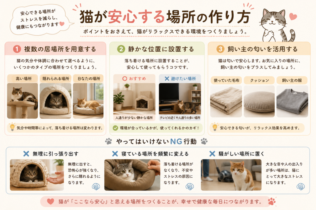 猫が安心する場所の作り方を紹介したイラスト。複数の居場所を用意する方法や静かな場所への設置、飼い主の匂いを活用した環境づくりなど、猫が安心して過ごせる工夫をわかりやすく解説。