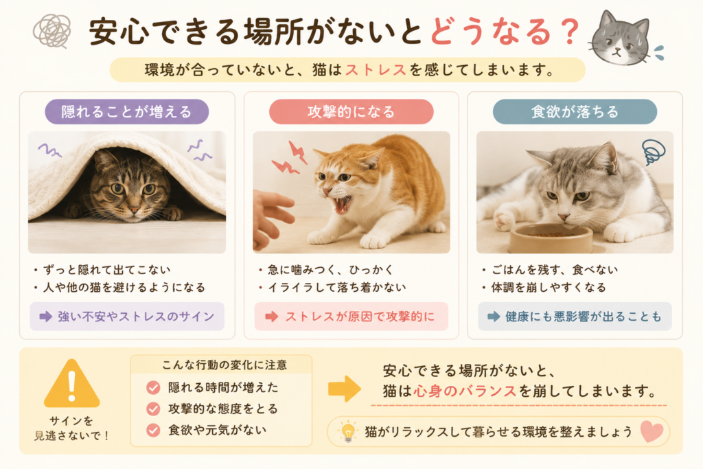 猫が安心できる場所がない場合に起こる変化を紹介したイラスト。隠れる時間が増える、攻撃的になる、食欲が落ちるなど、猫のストレスサインや行動の変化をわかりやすく解説。
