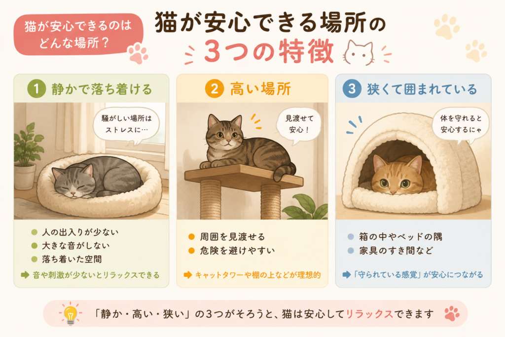 猫が安心できる場所の特徴を紹介したイラスト。静かで落ち着ける場所や高い場所、狭く囲まれた空間など、猫が安心して過ごせる環境のポイントをわかりやすく解説。